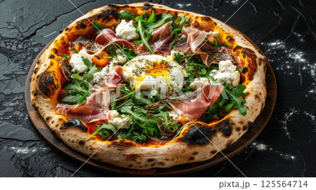 Delicious pizza topped with runny egg yolk, prosciutto, arugula, soft cheese, and vegetables on a wooden plate AI generated 125564714
