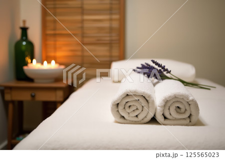 Relaxing spa ambience with lavender and candles for ultimate tranquility. AI generation 125565023