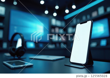 Sleek smartphone display in modern tech store with gadgets and accessories. AI generation 125565028