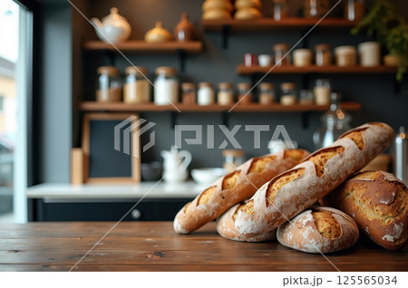 Artisan baked breads on rustic wooden table in cozy kitchen setting. AI generation 125565034