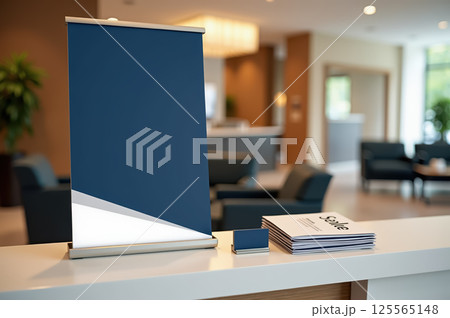 Blank roll-up banner in modern waiting area with brochures on counter. AI generation 125565148