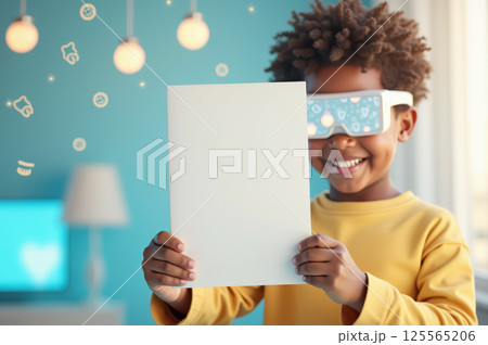 African young boy smiling with virtual reality glasses and blank sheet in cozy room. AI generation 125565206