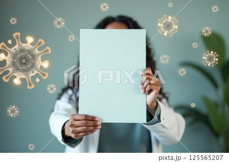 African female doctor holding blank paper amid virus graphics in medical setting. AI generation 125565207