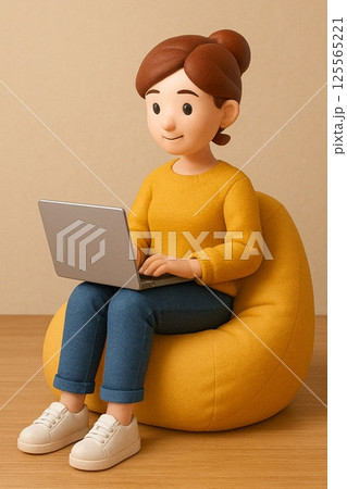 3Dイラストのリラックスしてパソコン作業する女性（ナチュラル＆カジュアル） 125565221
