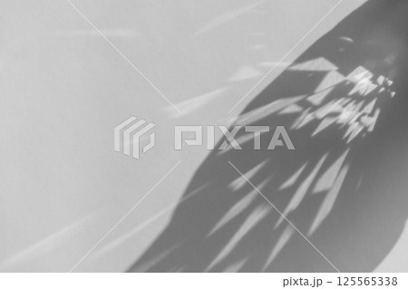 Shadow and light refraction on white wall overlay photo effect, sun rays refracting through glass and prism, blurred caustic effects. Natural light refraction silhouette on blank surface. Shadow and light refraction on white wall overlay photo effect, sun rays refracting through glass and prism, blurred caustic effects. Natural light refraction silhouette on blank surface. 125565338