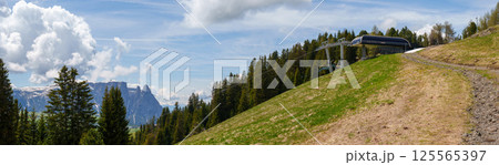 Panoramic alpine landscape with forest, mountain view near Valley of Funes at Dolomites, Italy Panoramic alpine landscape with forest, mountain view near Valley of Funes at Dolomites, Italy 125565397