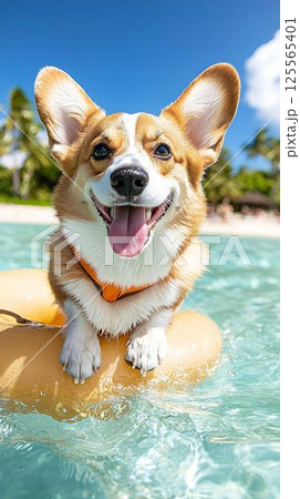 青い海で浮き輪に乗る笑顔のコーギー 青い海で浮き輪に乗る笑顔のコーギー 125565401