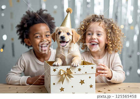 Joyful celebration with children and puppy in festive gift box 125565458
