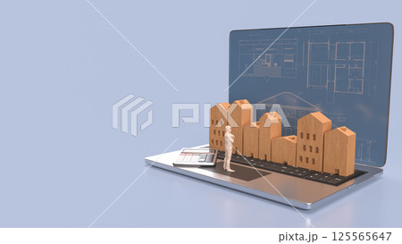 The Man and wood house on Notebook for property or real estate concept 3d Rendering. 125565647