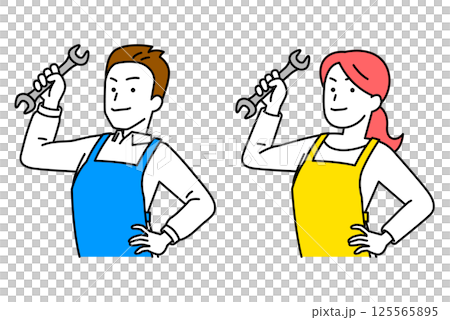 Set of men and women in aprons holding wrenches 125565895