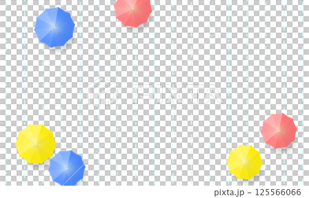 A frame of scattered red, blue and yellow umbrellas seen from above on a light blue dotted background A frame of scattered red, blue and yellow umbrellas seen from above on a light blue dotted background 125566066