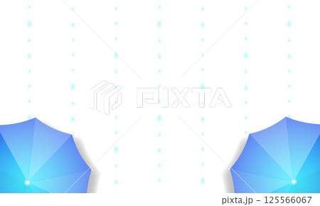 グラデーションがかった立体的な青い傘が両サイドにある雨の背景 125566067