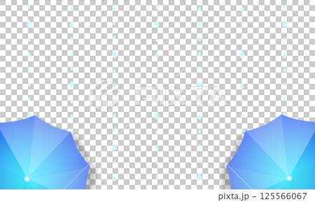 グラデーションがかった立体的な青い傘が両サイドにある雨の背景 125566067