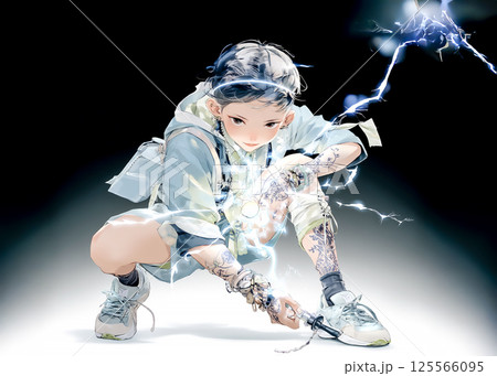 稲妻をまとった電気の妖精のイラスト素材 稲妻をまとった電気の妖精のイラスト素材 125566095
