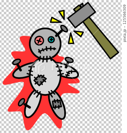 ハンマーで人形に釘を打つ呪いの儀式のイラスト 125566309