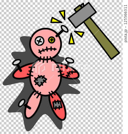 ハンマーで人形に釘を打つ呪いの儀式のイラスト 125566311