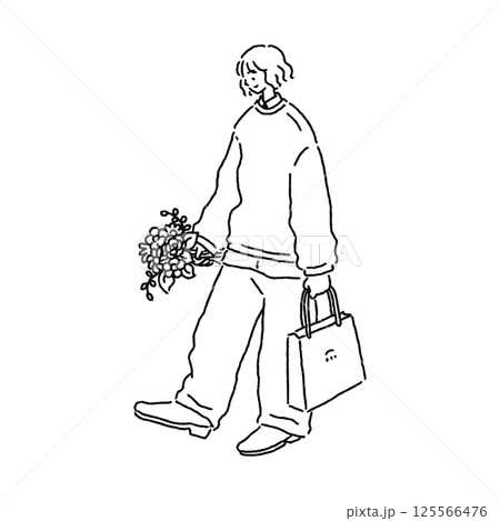 花束と紙袋を持った人物 線画 花束と紙袋を持った人物 線画 125566476