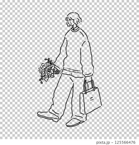 花束と紙袋を持った人物 線画 花束と紙袋を持った人物 線画 125566476