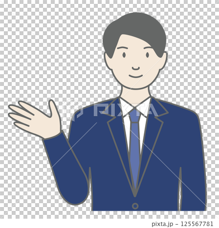 スーツを着た男性が「こちらです」と案内しているイラスト 125567781