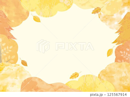 秋　紅葉　フレーム　森　木　水彩画　手描き　風景　背景　デザイン　テンプレート　イラスト素材 125567914