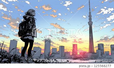 大都会の日没（日の出）とランドスケープを眺めている若い女性
