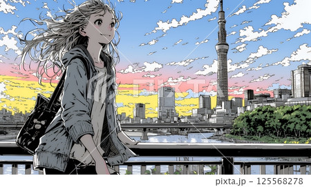 大都会の日没（日の出）とランドスケープを眺めている若い女性