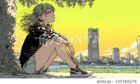 大都会の日没（日の出）とランドスケープを眺めている若い女性