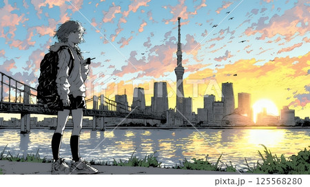 大都会の日没（日の出）とランドスケープを眺めている若い女性