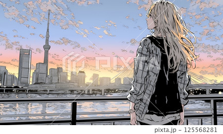 大都会の日没（日の出）とランドスケープを眺めている若い女性