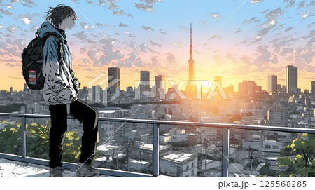 大都会の日没（日の出）とランドスケープを眺めている若い男性