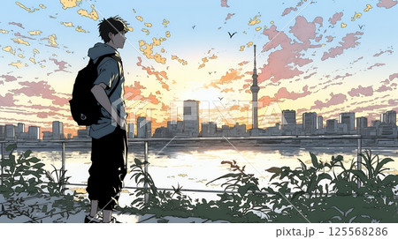 大都会の日没（日の出）とランドスケープを眺めている若い男性