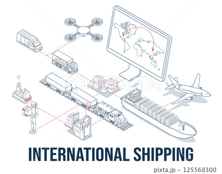International shipping is the worldwide transport of goods via various methods like trains, trucks, planes, and ships, crucial for global business logistics and online commerce. 125568300