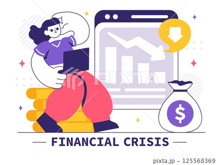 Financial Crisis Vector Illustration featuring concepts of Bankruptcy, Economic Collapse, and Cost Reduction with a Downward Arrow in a Background Financial Crisis Vector Illustration featuring concepts of Bankruptcy, Economic Collapse, and Cost Reduction with a Downward Arrow in a Background 125568369