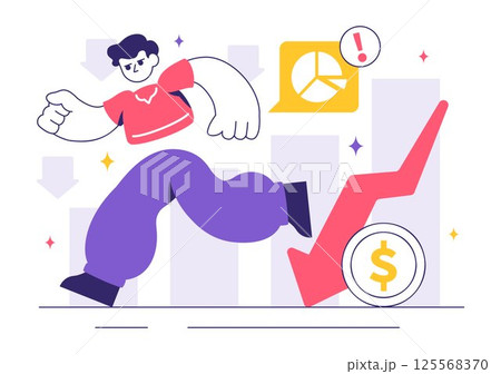 Financial Crisis Vector Illustration featuring concepts of Bankruptcy, Economic Collapse, and Cost Reduction with a Downward Arrow in a Background 125568370