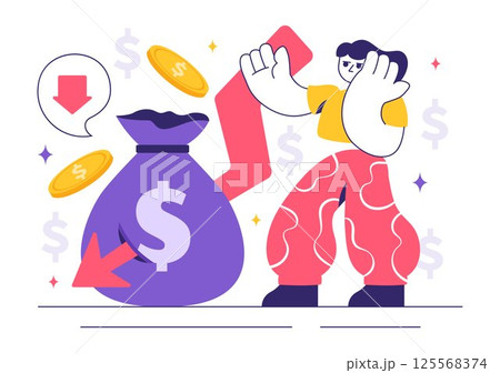 Financial Crisis Vector Illustration featuring concepts of Bankruptcy, Economic Collapse, and Cost Reduction with a Downward Arrow in a Background 125568374