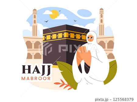 Hajj or Umrah Mabroor Vector Illustration featuring Muslims Performing the Pilgrimage to Mecca with the Kaaba and Mosque in a Flat Background 125568379