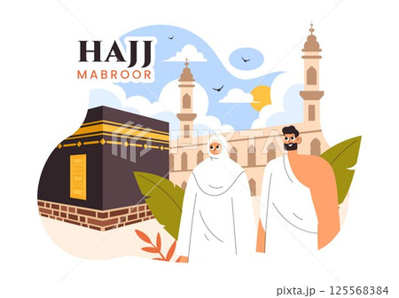 Hajj or Umrah Mabroor Vector Illustration featuring Muslims Performing the Pilgrimage to Mecca with the Kaaba and Mosque in a Flat Background 125568384