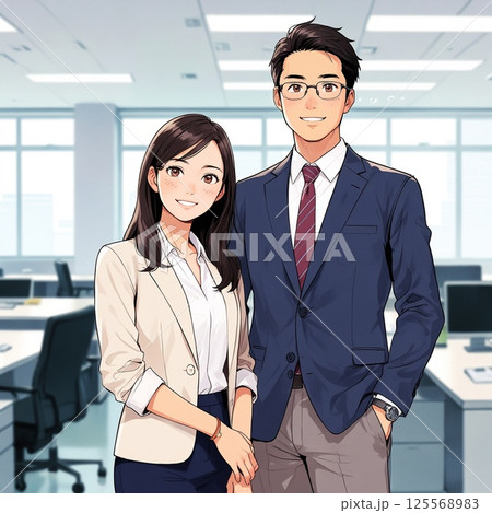 オフィスで並んで立つ日本人ビジネス男女(スーツ姿) オフィスで並んで立つ日本人ビジネス男女(スーツ姿) 125568983