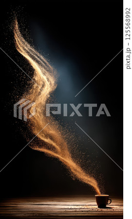Golden coffee steam swirls gracefully from cup, creating magical atmosphere 125568992
