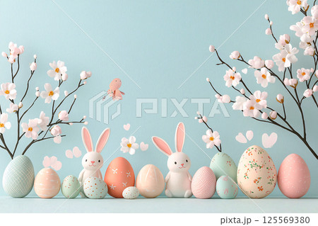 A dreamy Easter scene in watercolor style, featuring pastel bunnies, eggs and cherry blossoms A dreamy Easter scene in watercolor style, featuring pastel bunnies, eggs and cherry blossoms 125569380