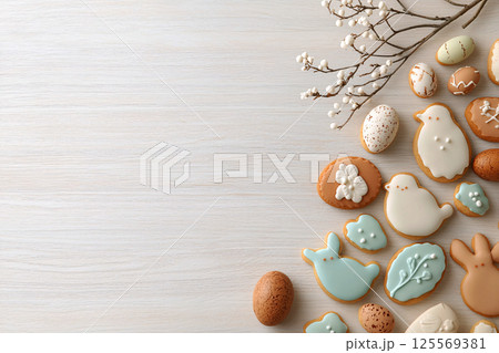 Pastel Easter cookies shaped like bunnies and chicks, softly focused on a rustic wooden table 125569381