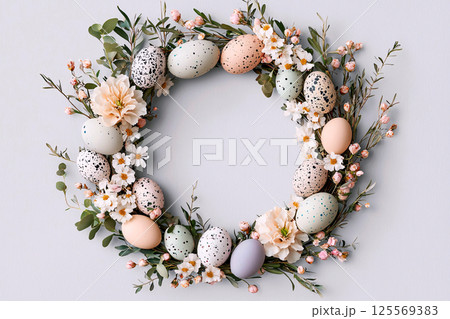 An elegant pastel floral wreath with hidden Easter eggs, painted in delicate watercolor strokes 125569383