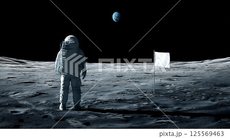 月面に立つ宇宙飛行士と白い旗 125569463