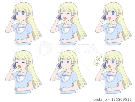 スマホで電話をかける金髪の若い女性・様々な表情6種類セット 125569513