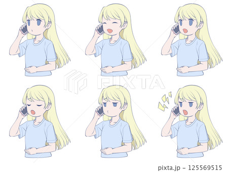スマホで電話をかける金髪の若い女性・様々な表情6種類セット 125569515