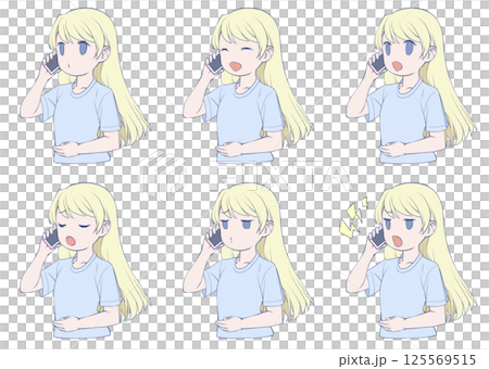 スマホで電話をかける金髪の若い女性・様々な表情6種類セット 125569515