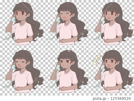 受話器を持って話す褐色肌の若い女性・様々な表情6種類セット 125569520