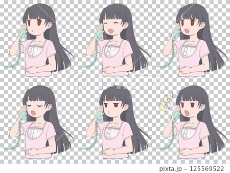 一位黑髮年輕女子在電話裡說話，有六種不同的表情 125569522