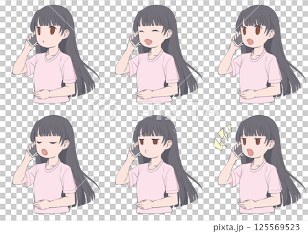 A young woman with black hair making a phone call on her smartphone, set of six different facial expressions 125569523