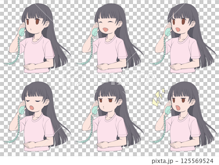 一位黑髮年輕女子在電話裡說話，有六種不同的表情 125569524